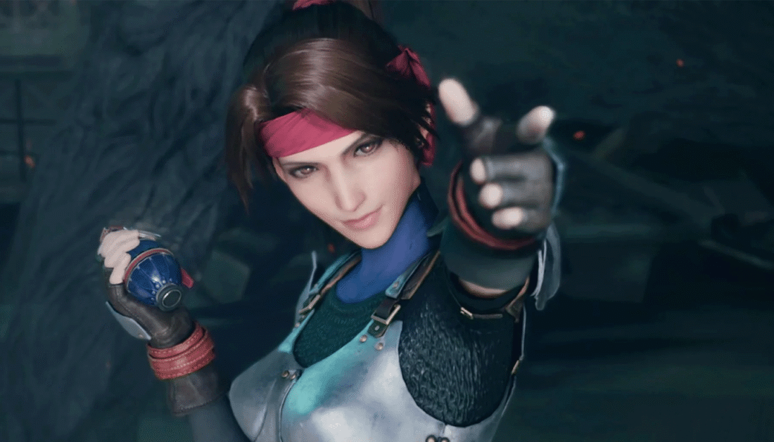 Screenshot from Final Fantasy VII Remake: Jessie points towards the viewer, holding a grenade