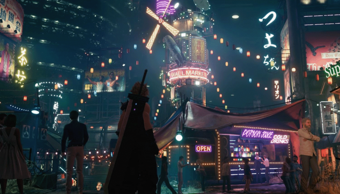 Screenshot from Final Fantasy VII Remake: Cloud below the neon lights of the Wall Market section of Midgar