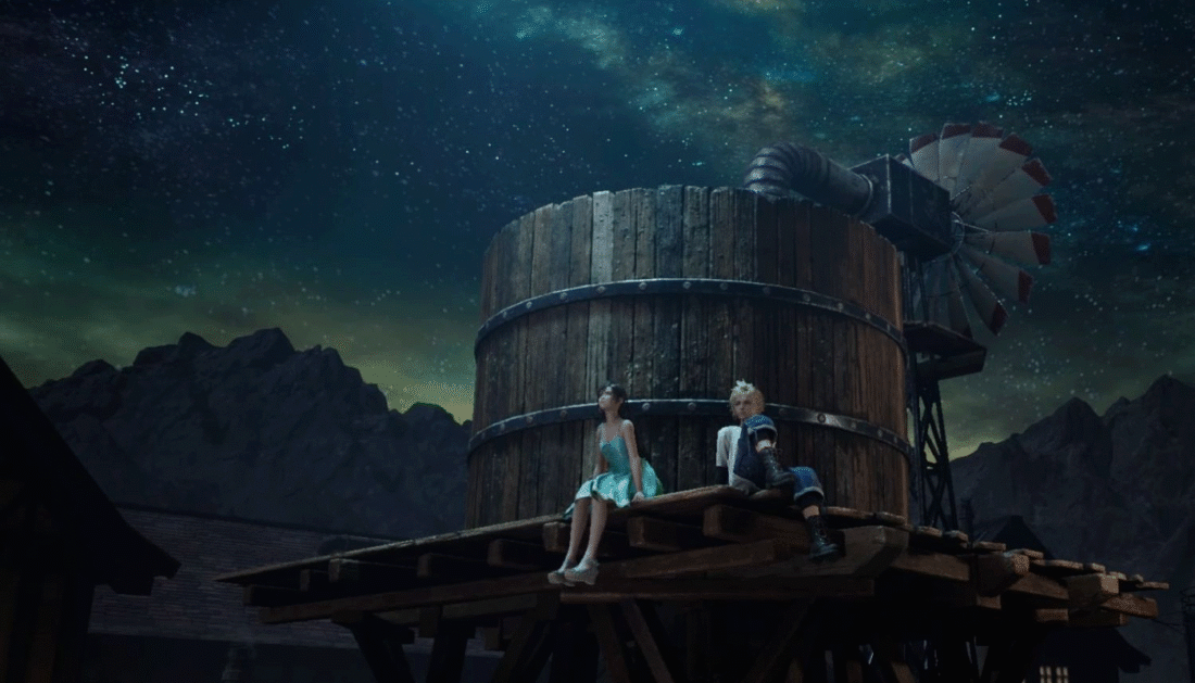 Screenshot from Final Fantasy VII Remake: young Tifa and Cloud sit on a water tower in their hometown
