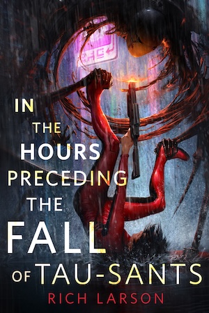 An illustration of a person in a red bodysuit falling backwards as they fire a laser at an alien creature.