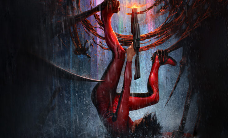 An illustration of a person in a red bodysuit falling backwards as they fire a laser at an alien creature.