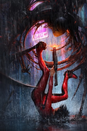 An illustration of a person in a red bodysuit falling backwards as they fire a laser at an alien creature.