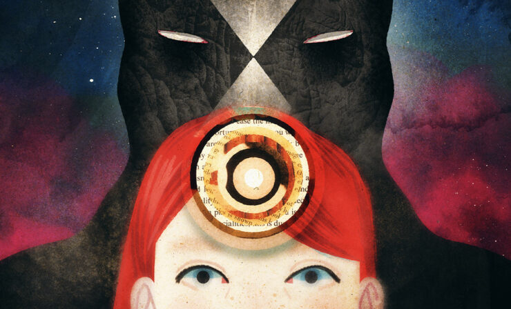 An illustration of a shadowy figure behind a redheaded woman, their foreheads project mandalas made of text and images.
