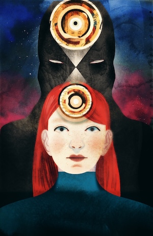 An illustration of a shadowy figure behind a redheaded woman, each of their foreheads projects mandalas made of text and images.