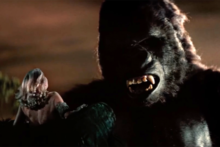 Screenshot from King Kong (1976): Kong holds Dwan (Jessica Lange) in his hand