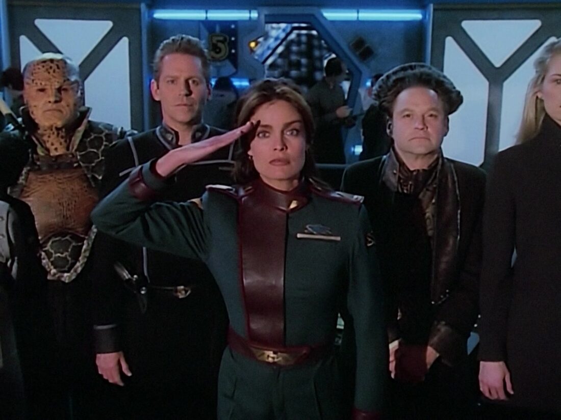 Screenshot from Babylon 5 "Objects at Rest": Lochley, Halloran, Vir, Allan, and Ta’Lon bid farewell to Sheridan
