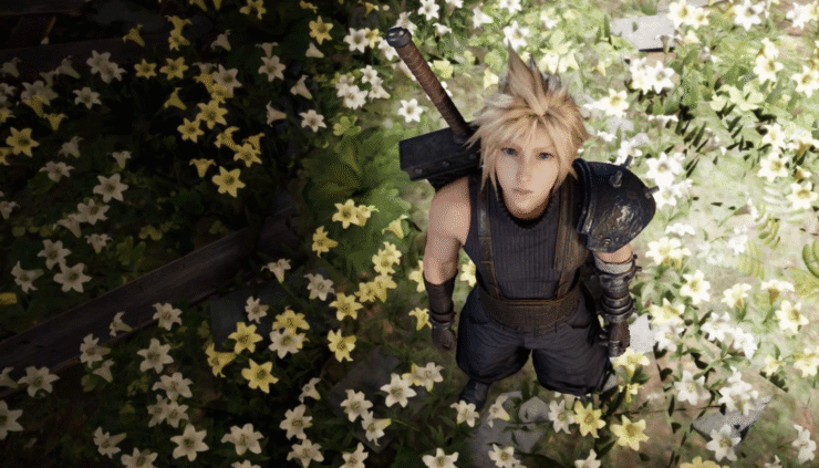 Screenshot from Final Fantasy VII Remake: Cloud Strife stands among daffodils, looking up