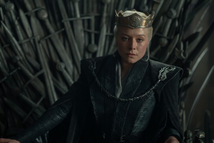 Rhaenyra (Emma D'Arcy) seated on the Iron Throne in House of the Dragon season 3
