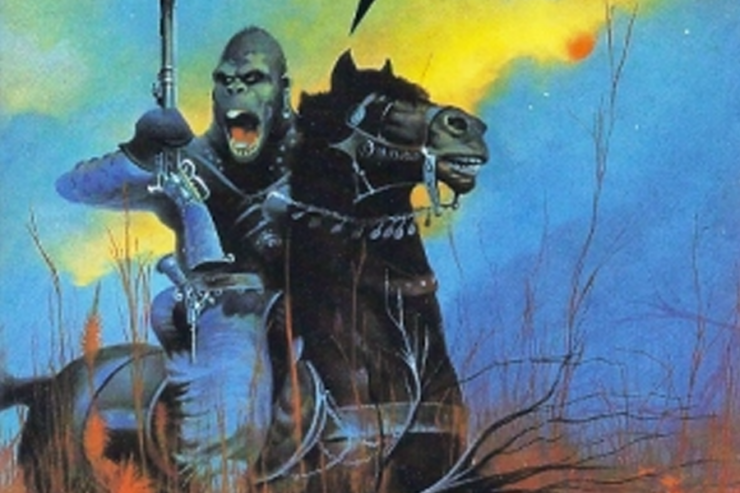 detail from the cover of The Planet of the Apes by Pierre Boulle (Penguin UK, 1985; art by Peter Jones)