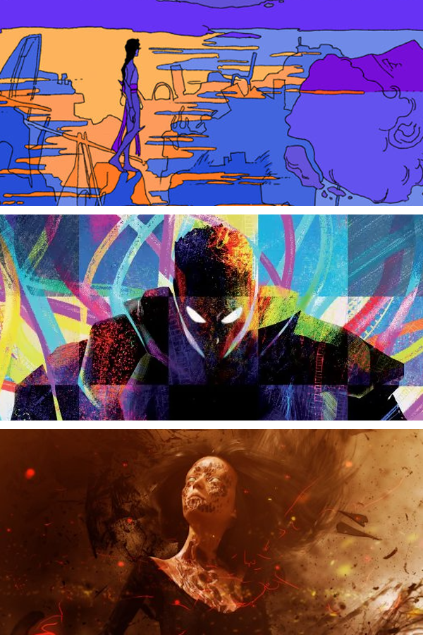 details from the covers of three SFF fiction magazines: Otherside issue 2; Fusion Fragment Issue 28; Nightmare issue 165