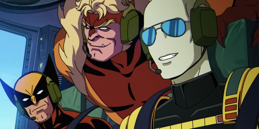 Morph flying plane with logan beside them and Sabertooth hanging over them in X-Men '97 S2E5