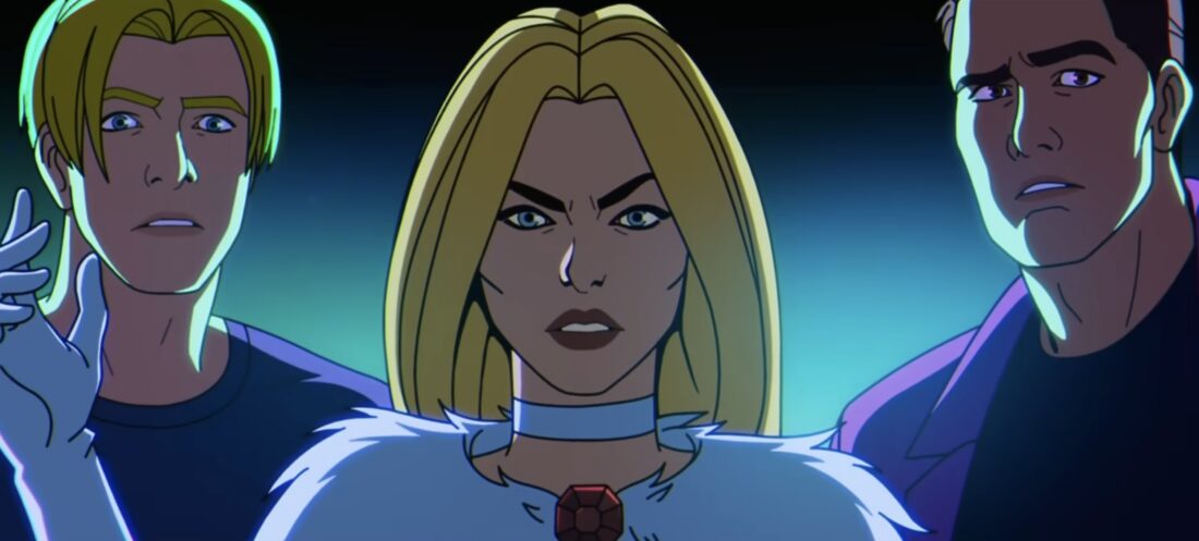 Emma Frost pausing with two guys she's about to have a threesome with in X-Men '97 S2 premiere