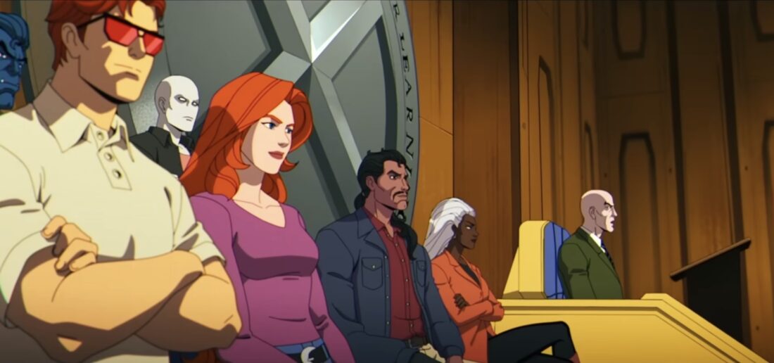 Xavier and his X-Men team on stage in X-Men '97 S2 episode 6