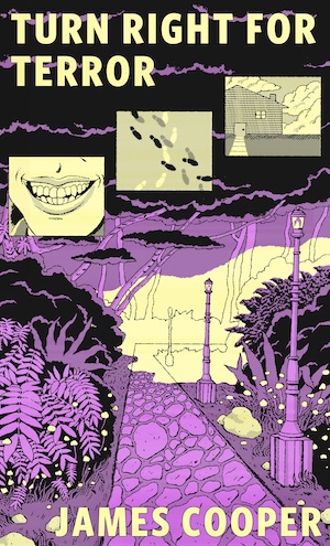 An illustration of a cobblestone path making a sharp right under a triptych of floating images depicting a toothy smile, intersecting footprints, and a house.