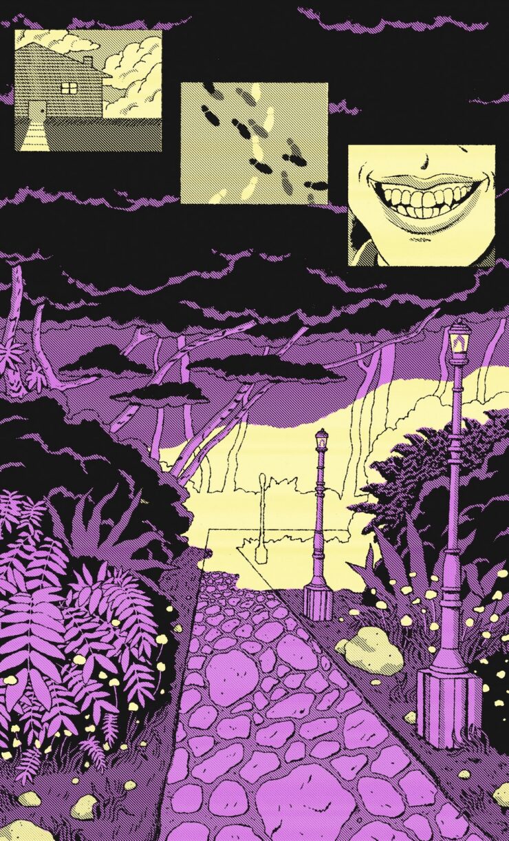 An illustration of a cobblestone path making a sharp right under a triptych of floating images depicting a toothy smile, intersecting footprints, and a house.