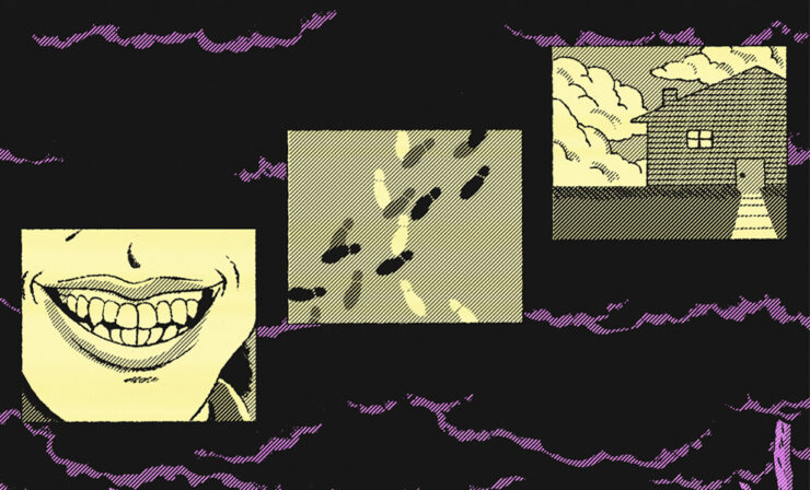 A triptych of illustrations depicting a toothy smile, intersecting footprints, and a house.