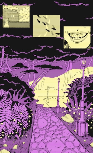 An illustration of a cobblestone path making a sharp right under a triptych of floating images depicting a toothy smile, intersecting footprints, and a house.
